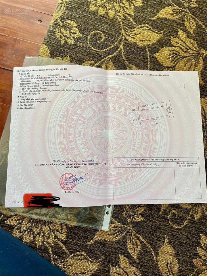 Diện tích 75,7 m2 / tại xã minh tiến phù cừ hưng yên đất vuông vắn , mặt tiền rộng , nở hậ