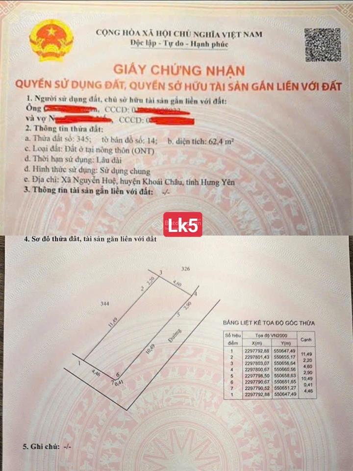 Tài chính công nhân đất kề cận ccn nam khoái châu dt 62,4m2 xã chí minh (thành công cũ)