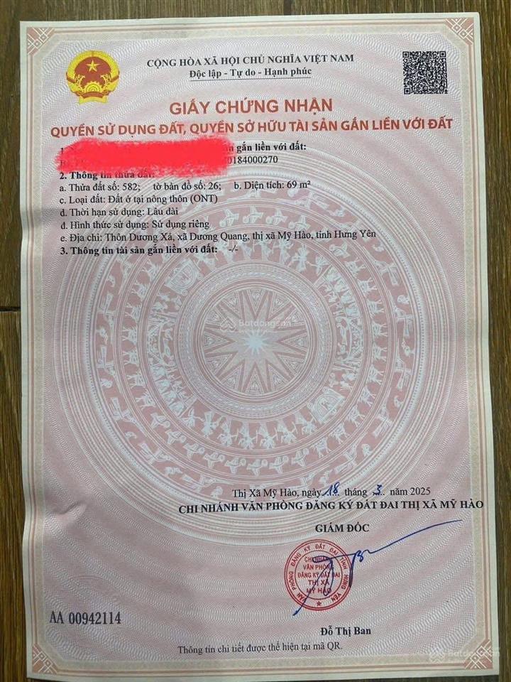 Chủ gửi lô đất tại thôn dương xá xã dương thị xã mỹ hào tỉnh hưng yên, diện tích 69 m2