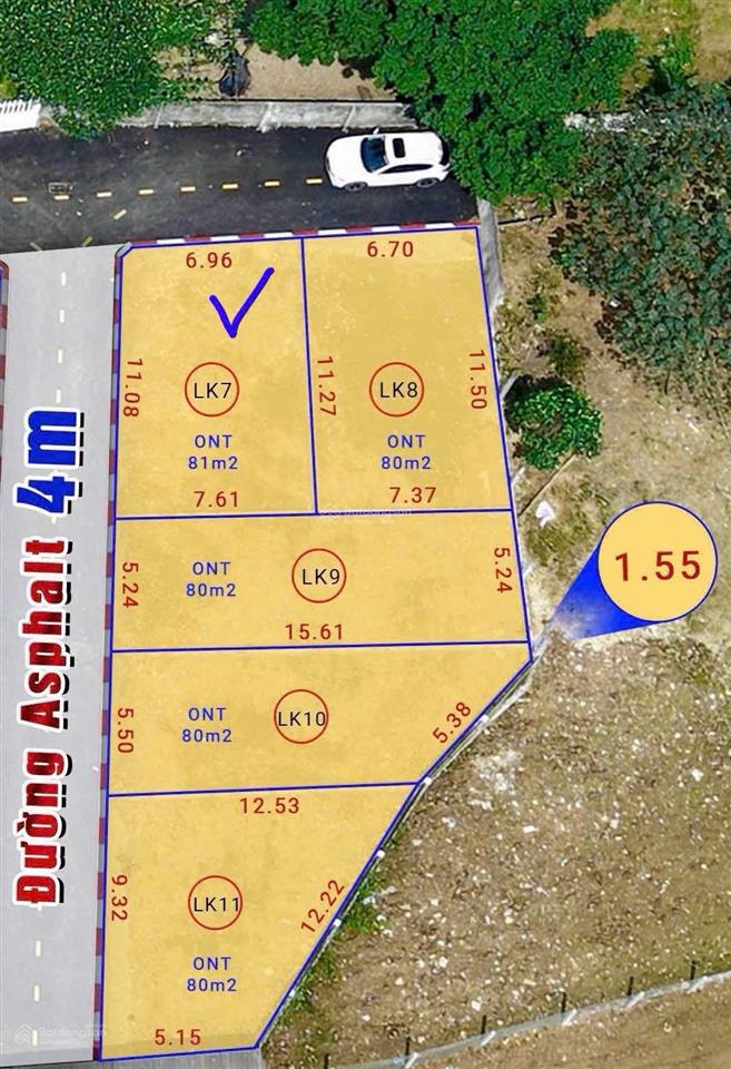Lô góc 2 mặt tiền  diện tích 81m2 full thổ cư  giá loanh quanh 1ty590 mặt tiền 6,96m nở hậu