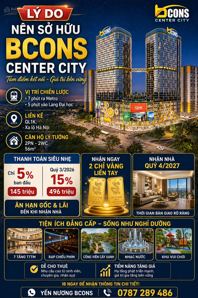 Bcons center city 2pn 2vs full tiện ích với 7 tầng tttm nhận ngay 2 chỉ vàng liền tay, ck 5,659%