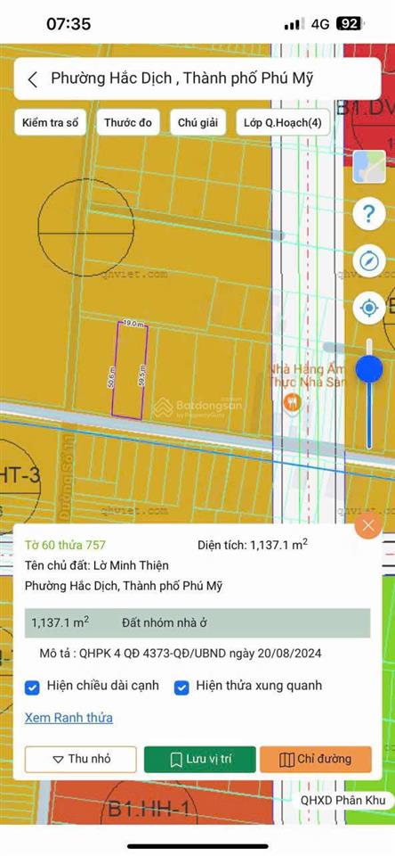 Bán đất đẹp mặt tiền mỹ xuân tóc tiên dt 19x60 giá 6,2 tỷ