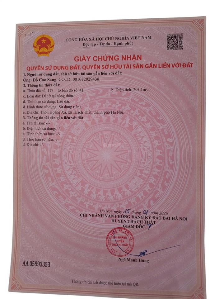 Bán đất thôn lại thượng, thạch thất, full thổ cư, dt 203,1m², ô tô đỗ cửa, giá chỉ 4,5 tỷ