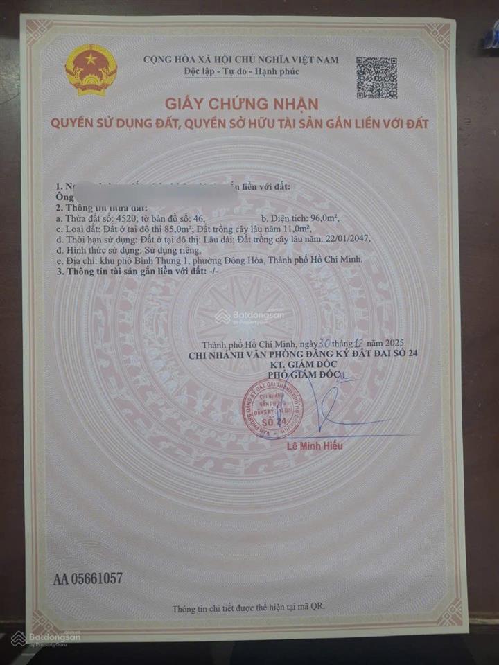 Đất phường đông hòa (tp hcm) ngang 5.5m giáp làng đại học quốc gia dt 96m2 thổ cư 85m2