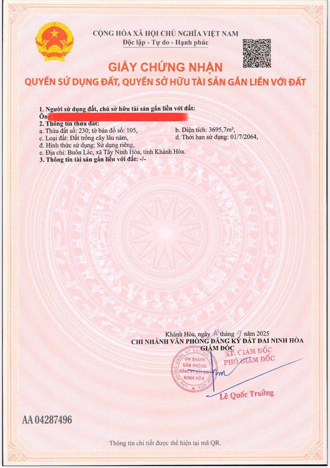 Bán đất xã tây ninh hòa (ninh tây) gần hồ suối sim  dt 3.695m2. giá 4.4 tỷ