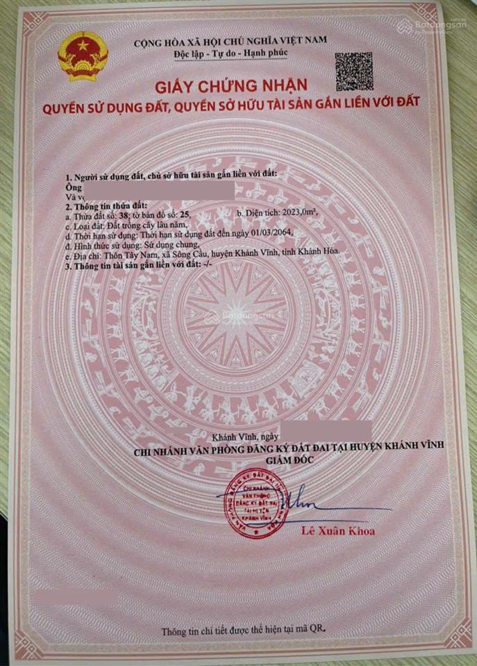 Lô đất dt 2.023 m2 thôn tây nam, xã sông cầu, huyện khánh vĩnh, khánh hòa