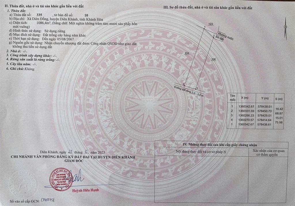 Cần bán lô đất thôn 3, xã diên đồng, dt 1.086 m2, khu dân cư