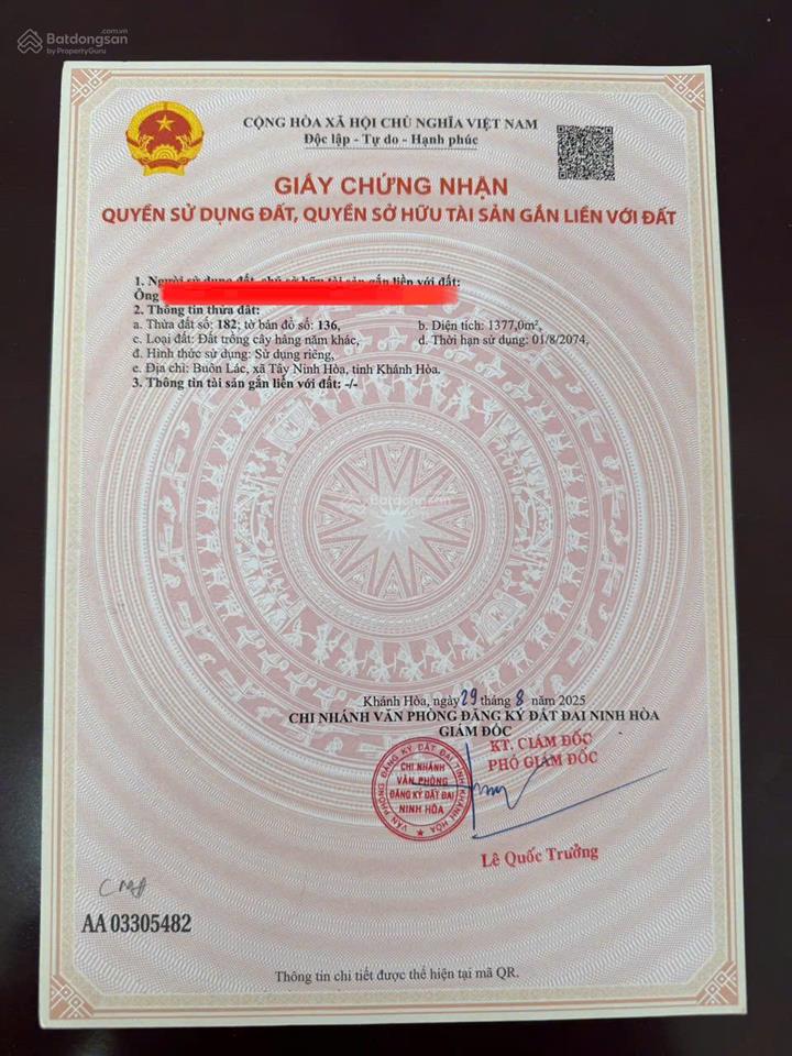 Đẩy nhanh lô đất diện tích 1.377 m2 xã tây ninh hòa, khánh hòa, full thổ cư