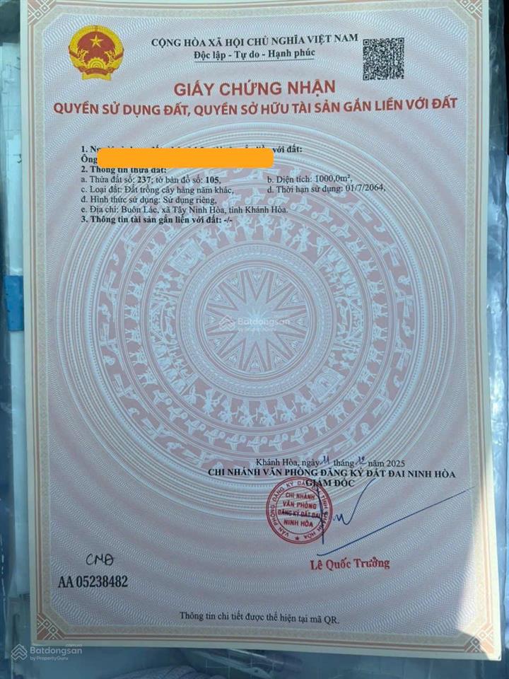 Đẩy nhanh 2 lô thổ cư liền kề tổng diện tích 2.000 m² xã tây ninh hòa, khánh hòa