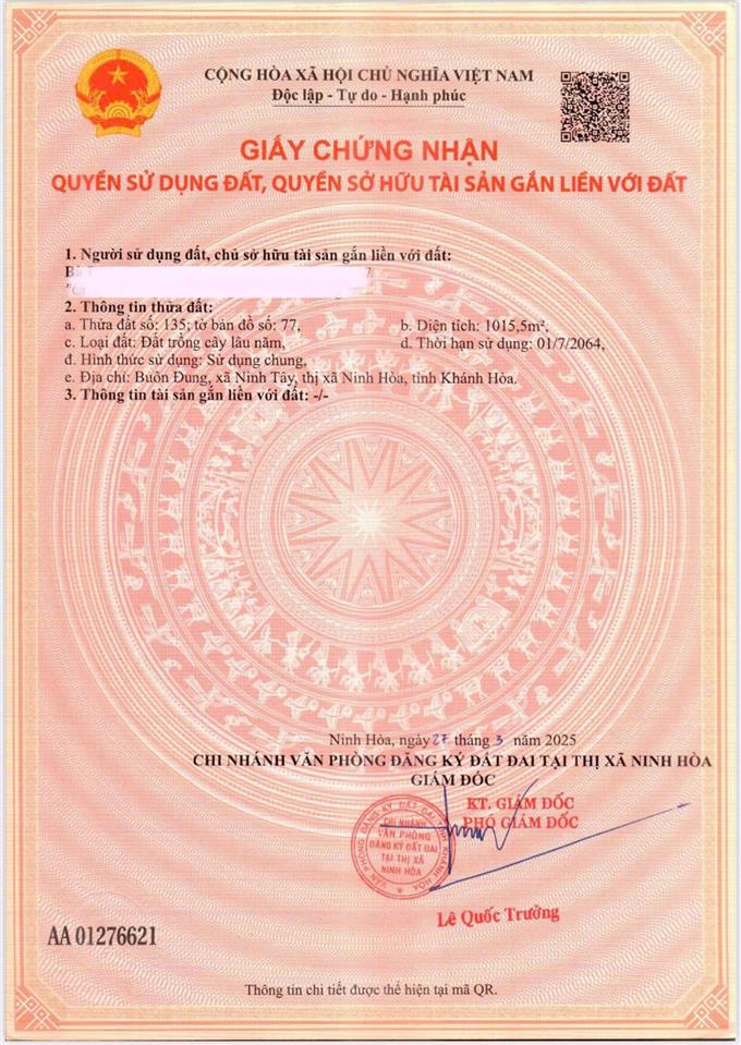 Ra nhanh lô đất thổ cư diện tích 1.015m2 xã ninh tây, ninh hòa, khánh hòa