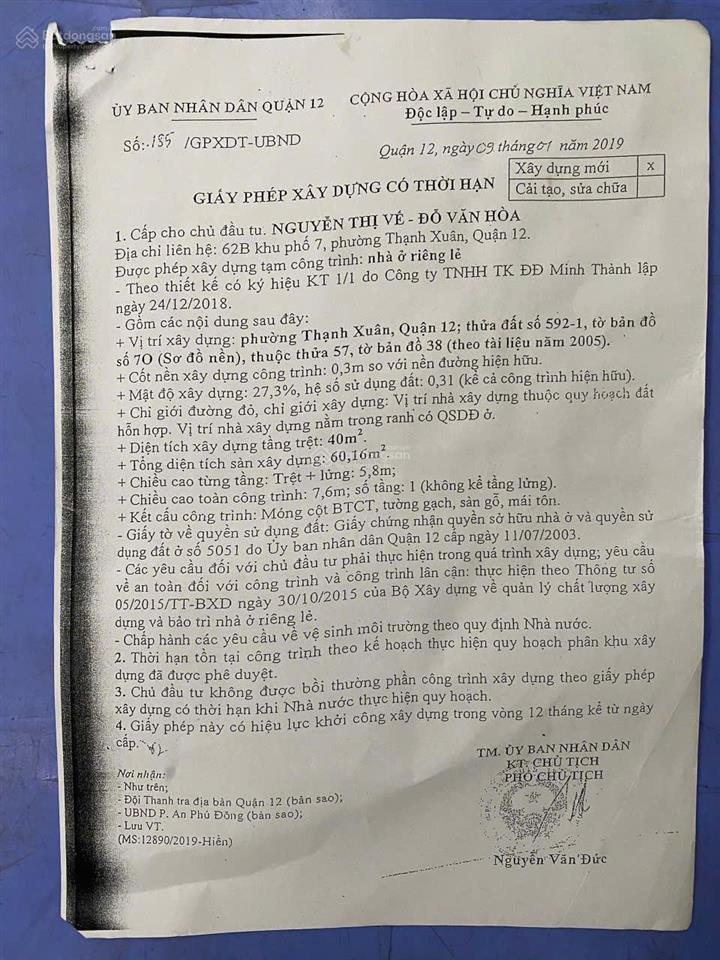 Bán nhà riêng thạnh xuân 14  cần bán gấp giá chỉ 1.4 tỷ  giấy phép xd  số nhà quận