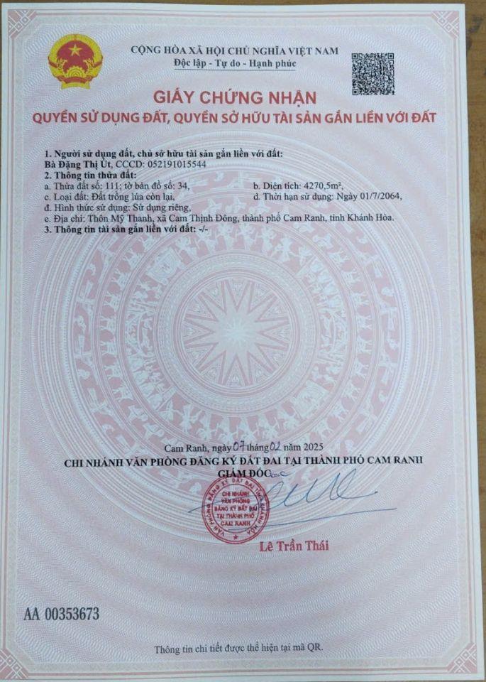 4270m2 đất lúa mặt tiền đường bê tông 4m ở Cam Thịnh Đông, Cam Ranh (phường Nam Cam Ranh)