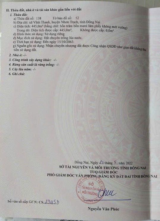445m2 đất lúa QH thổ tại Vĩnh Thanh, Nhơn Trạch, Đồng Nai