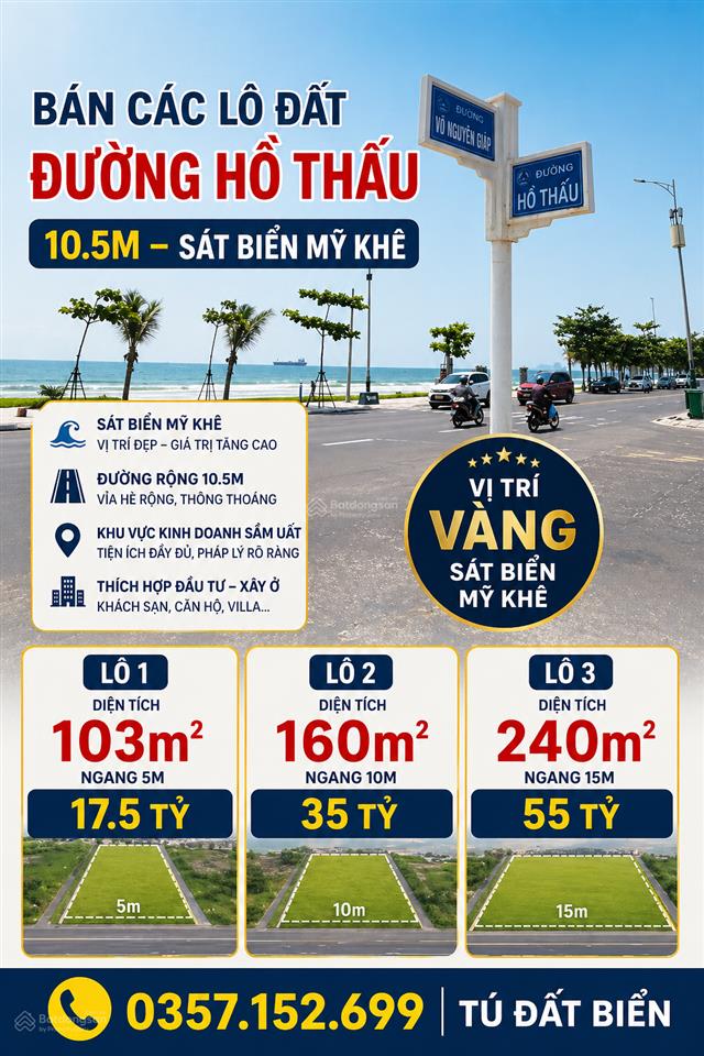 Bán 240m2 ngang 15m đường hồ thấu 11m thông ra biển mỹ khê, cách biển 150m
