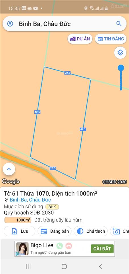 1000m2 đất xã bình ba, châu đức cũ có 23.5m mặt tiền đường bê tông