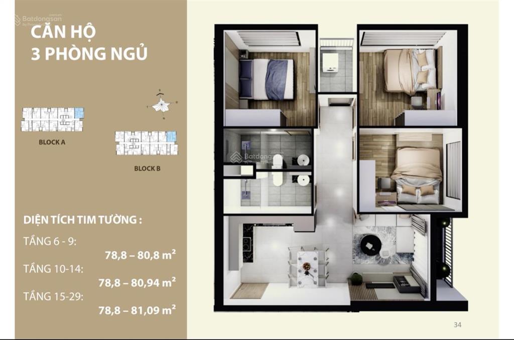 Căn hộ góc 3pn 2wc diện tích 79,2 m2 giá all in 52 tr/m2
