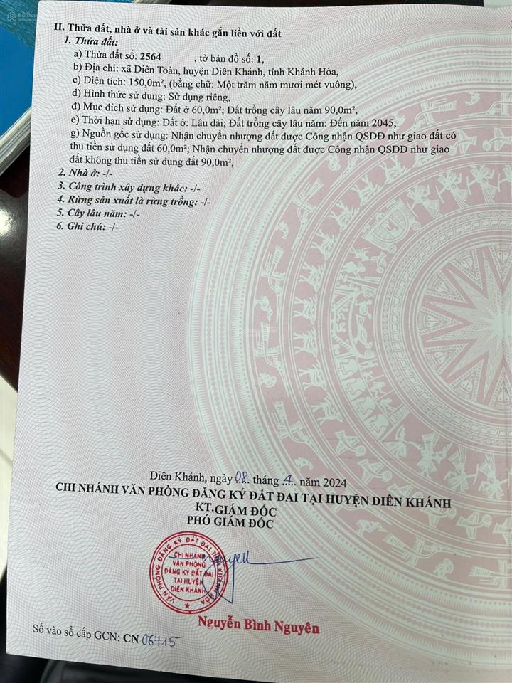Bán lô đất xã diên khánh (diên toàn cũ) có 150m2 giá 2ty4