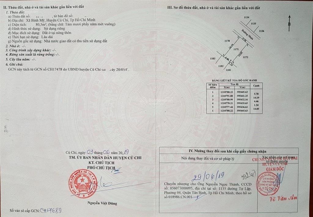 Chính chủ cần bán lô đất đã có sổ đỏ diện tích 81m2 tại củ chitphcm