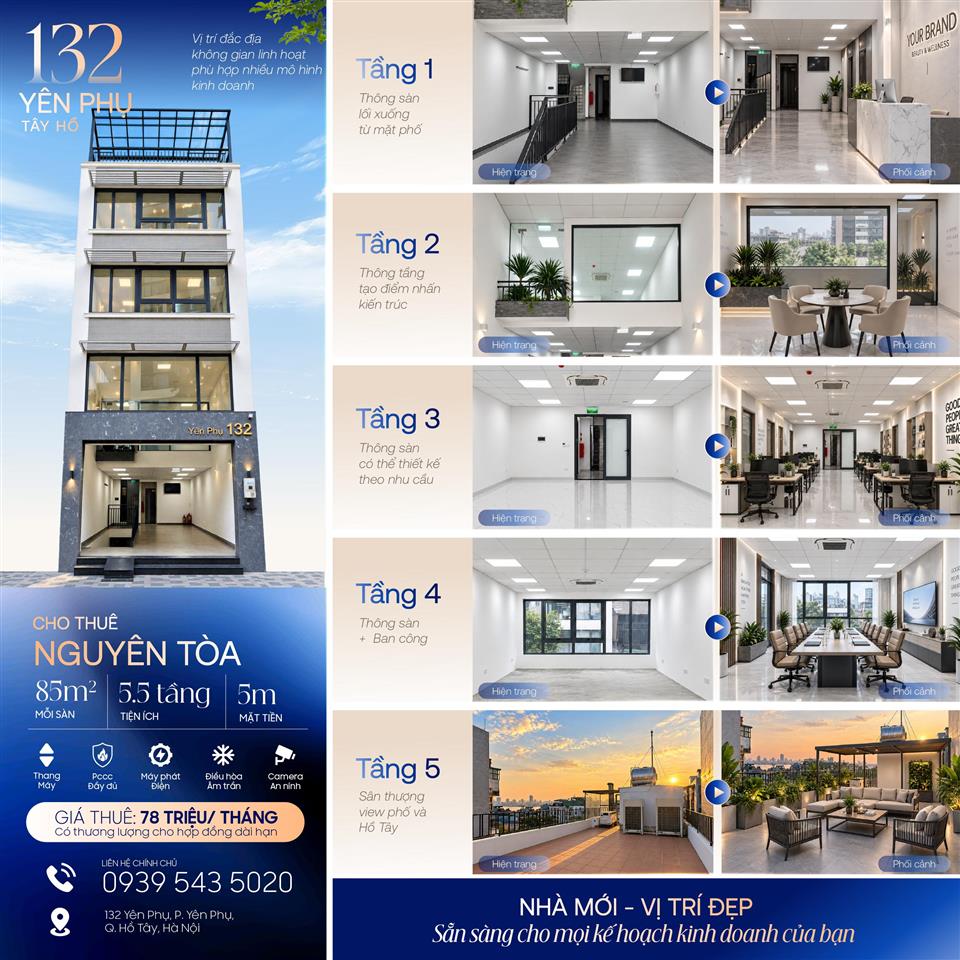 CHÍNH CHỦ CHO THUÊ NGUYÊN TÒA MẶT PHỐ TẠI 132 YÊN PHỤ, QUẬN TÂY HỒ, HÀ NỘI - CÓ THANG MÁY