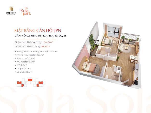 Bán gấp 2pn  2wc 55m²  3.85 tỷ tòa g5 2 hầm dự án the sola park kđt vinhomes smart city