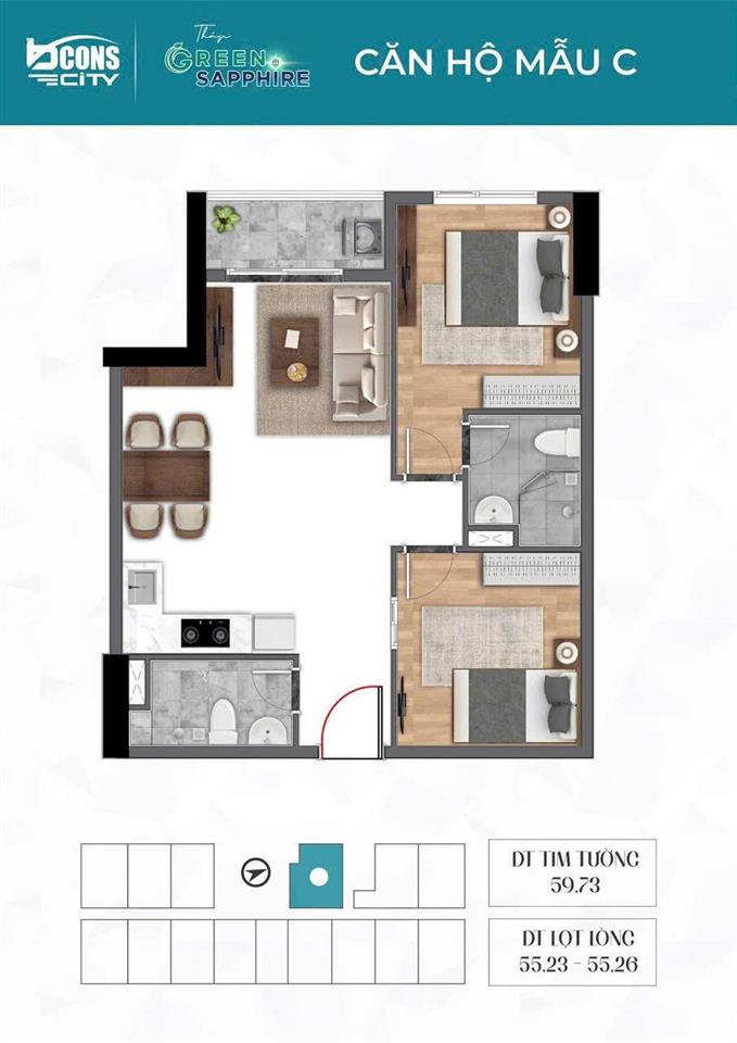 Cần bán gấp căn 2pn2wc view xịn 59,73m² giá 3,3 tỷ bcons city một trong số ít