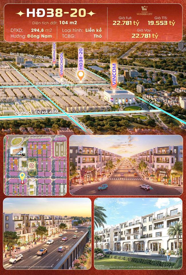Bán lk tại vinhomes đan phượng 19,2 tỷ, 104m2 hướng đông nam