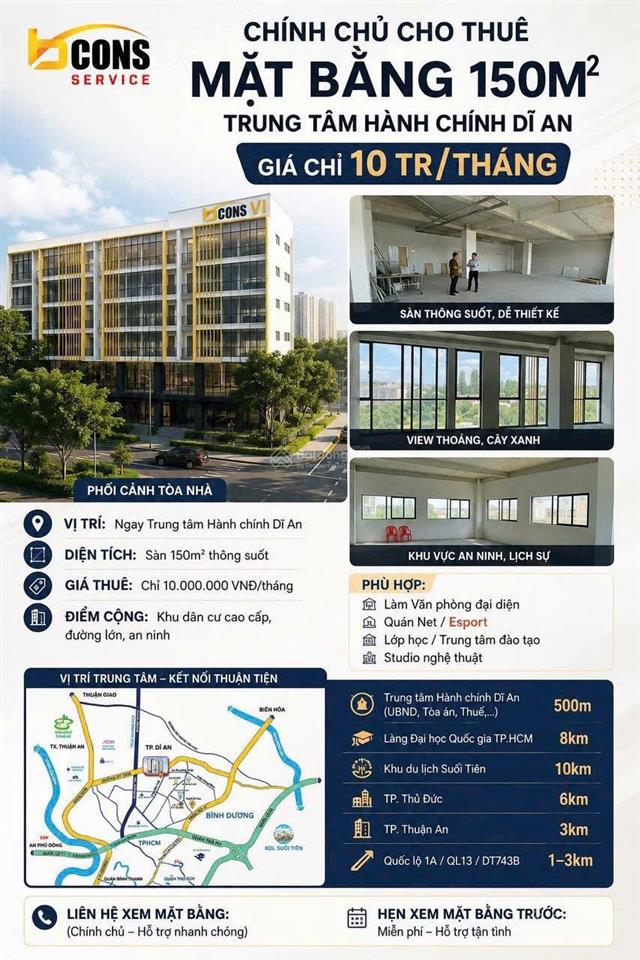 Cho thuê mặt bằng 150m trung tâm hành chính dĩ an giá thuê chỉ 10 triệu/tháng