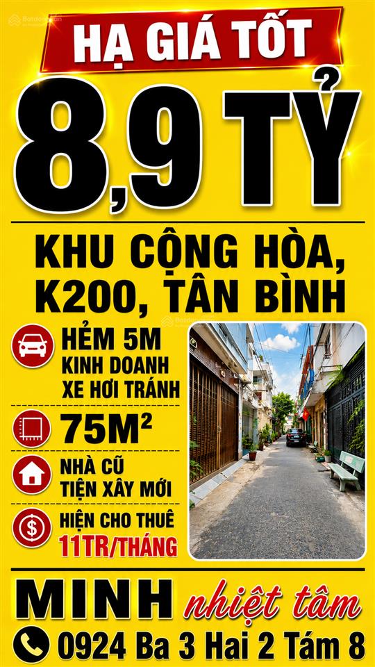 Hxh 5m  hoàng hoa thám  k200, tân bình  2 tầng cũ tiện xây, hiện cho thuê 11tr, hạ còn 8,9 tỷ