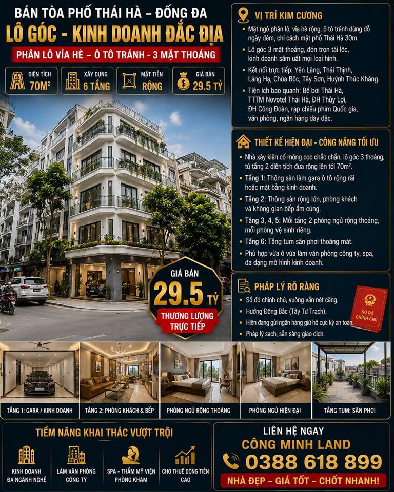 BÁN TÒA PHỐ THÁI HÀ - ĐỐNG ĐA - LÔ GÓC - KINH DOANH - PHÂN LÔ VỈA HÈ Ô TÔ TRÁNH - 70M2 -