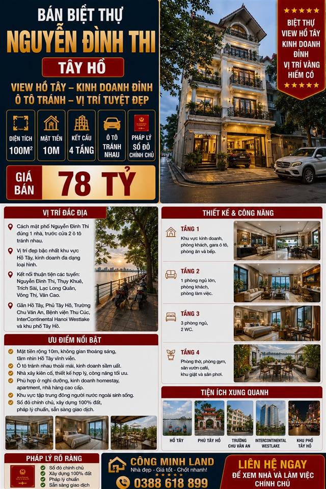 BÁN BIỆT THỰ NGUYỄN ĐÌNH THI - TÂY HỒ - VIEW HỒ TÂY, KINH DOANH ĐỈNH, Ô TÔ TRÁNH - 100M2
