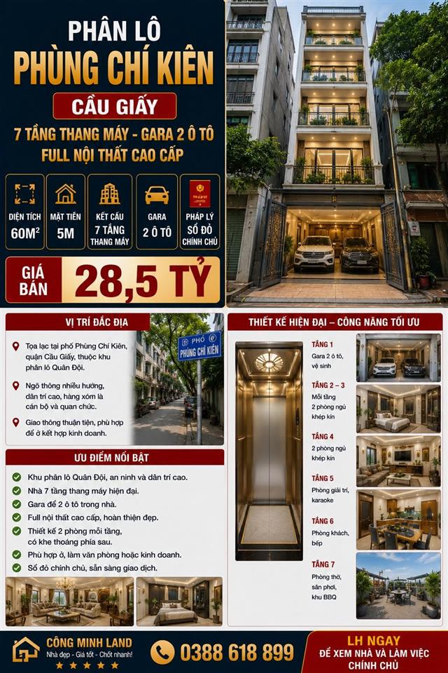 PHÂN LÔ PHÙNG CHÍ KIÊN - CẦU GIẤY 60M² - 7 TẦNG THANG MÁY - GARA 2 Ô TÔ - FULL NỘI THẤT -