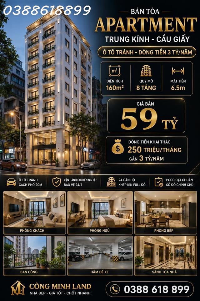 BÁN TÒA APARTMENT TRUNG KÍNH - CẦU GIẤY - Ô TÔ TRÁNH - DÒNG TIỀN 3 TỶ/NĂM - 160M2 - 8