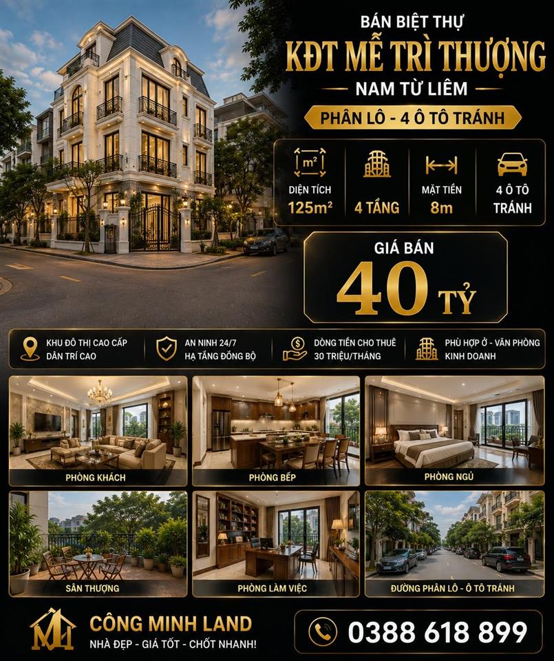 BÁN BIỆT THỰ KĐT MỄ TRÌ THƯỢNG - NAM TỪ LIÊM - PHÂN LÔ 4 Ô TÔ TRÁNH - 125M2 - 4 TẦNG - MT