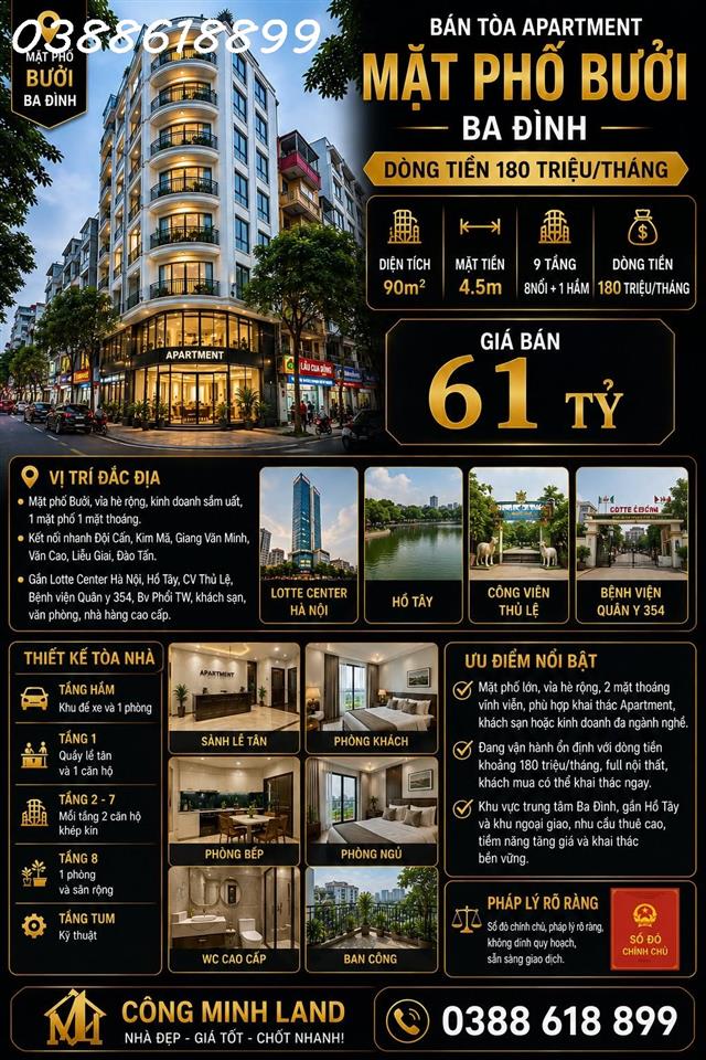 BÁN TÒA APARTMENT MẶT PHỐ BƯỞI - BA ĐÌNH - DT 180 TR/TH - 90M2 - 9 TẦNG - MT 4.5M - 61 TỶ