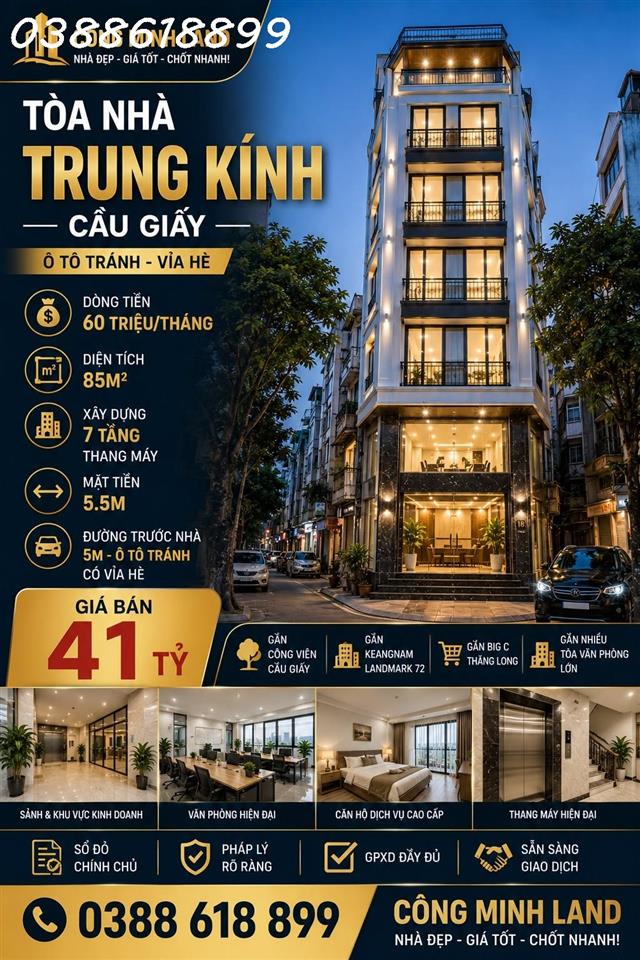 BÁN TÒA NHÀ TRUNG KÍNH - CẦU GIẤY - Ô TÔ TRÁNH - THANG MÁY - 85M2 - 7 TẦNG - MT 5.5M - 41