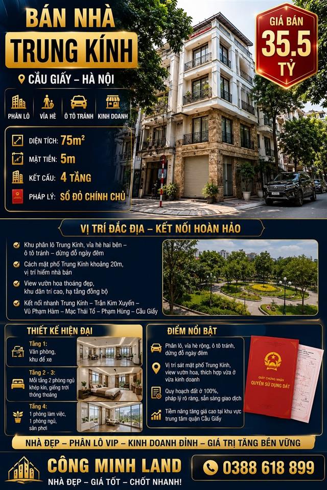 BÁN NHÀ TRUNG KÍNH - CẦU GIẤY - PHÂN LÔ - VỈA HÈ - Ô TÔ TRÁNH - KD - 75M² - 4 TẦNG - MT