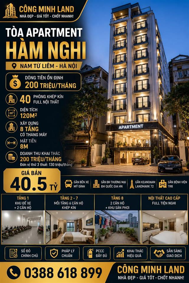 BÁN TÒA APARTMENT HÀM NGHI - NAM TỪ LIÊM - 40 PHÒNG - DT 200 TR/TH - 120M2 - 8 TẦNG - MT