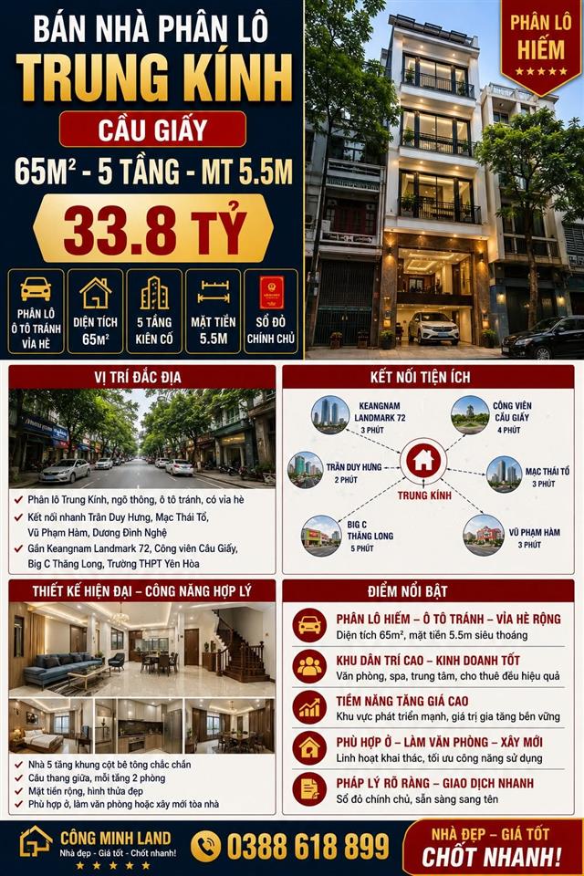 BÁN NHÀ PHÂN LÔ TRUNG KÍNH - CẦU GIẤY - 65M² - 5 TẦNG - MẶT TIỀN 5.5M - 33.8 TỶ