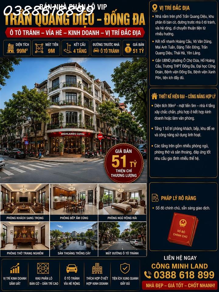 BÁN NHÀ PHÂN LÔ VIP TRẦN QUANG DIỆU - ĐỐNG ĐA - Ô TÔ TRÁNH - VỈA HÈ - KINH DOANH - 99M² -