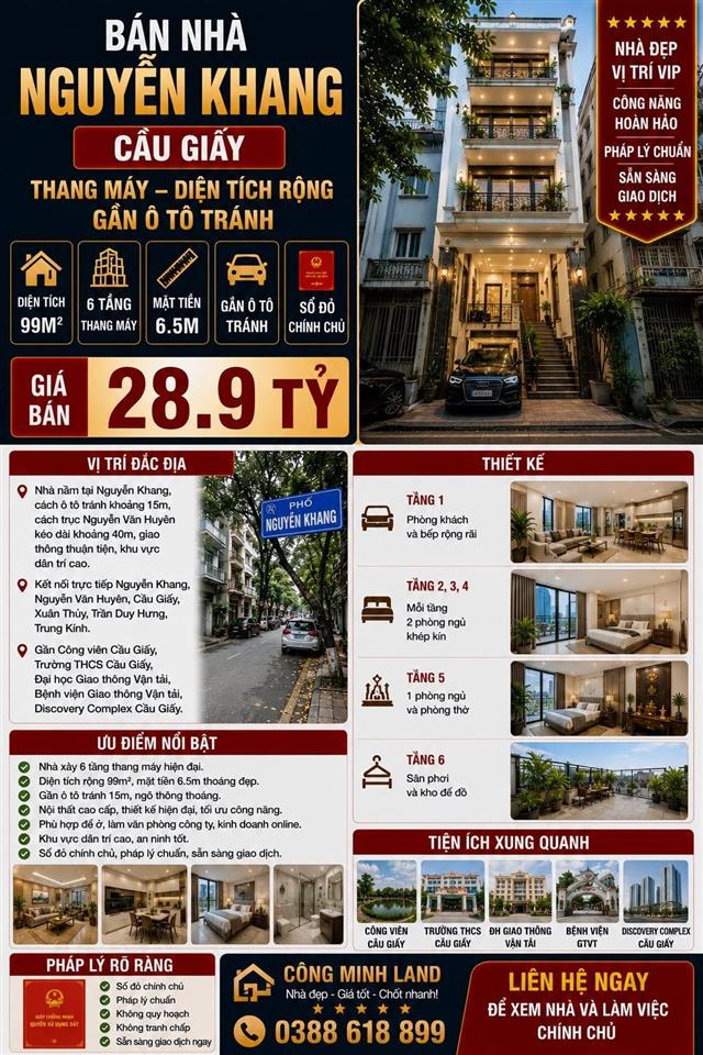 BÁN NHÀ NGUYỄN KHANG - CẦU GIẤY - THANG MÁY, DIỆN TÍCH RỘNG, GẦN Ô TÔ TRÁNH - 99 M2 - 6