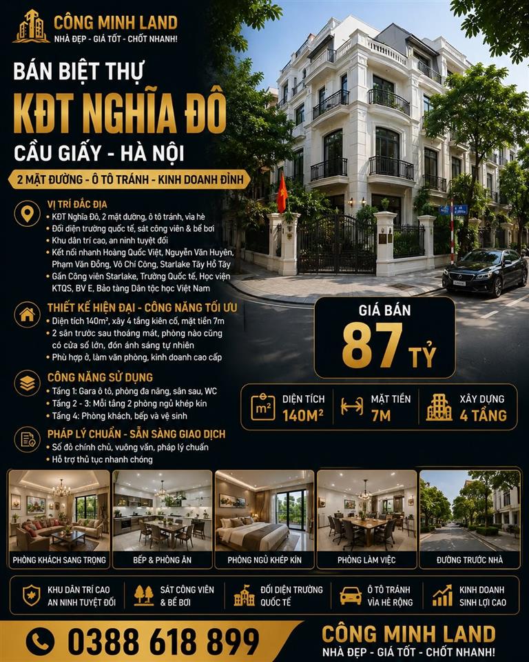 BÁN BIỆT THỰ KĐT NGHĨA ĐÔ - CẦU GIẤY - 2 MẶT ĐƯỜNG, Ô TÔ TRÁNH - KINH DOANH ĐỈNH - 140M2