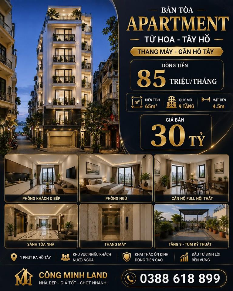 BÁN TÒA APARTMENT TỪ HOA - TÂY HỒ - THANG MÁY - GẦN HỒ TÂY - DÒNG TIỀN 85 TRIỆU/THÁNG -