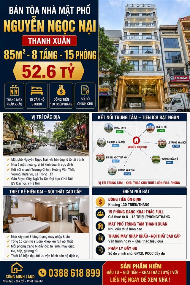 BÁN TÒA NHÀ MẶT PHỐ NGUYỄN NGỌC NẠI - THANH XUÂN - 85M² - 8 TẦNG - 15 PHÒNG - 52.6 TỶ