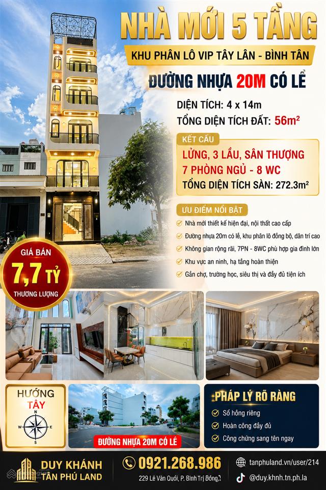 Nhà mới 5 tầng khu phân lô vip tây lân đường nhựa 20m có lề 7pn 8wc chỉ 7.7 tỷ tl