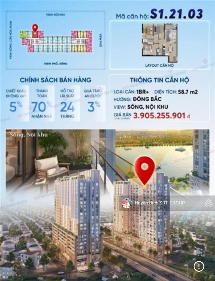 Căn hộ view sông, tầng cao, siêu hiếm. giá của cđt. thanh toán đến 38 tháng. nh hỗ trợ 70% 2 năm.