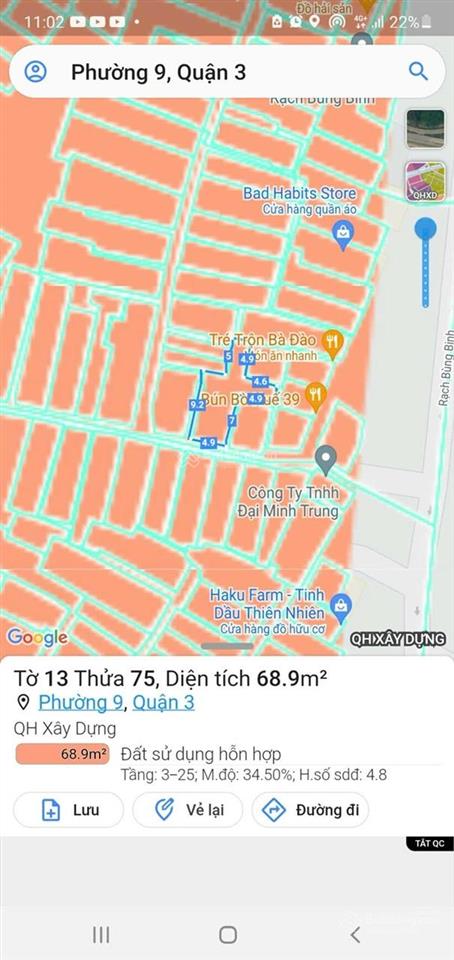 Đất ở đường hẻm 3m ở kv trung tâm quận 3, cách đường chính rạch bùng binh 20m