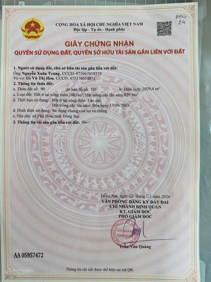 Bán đất sào sổ riêng xã phú hoà