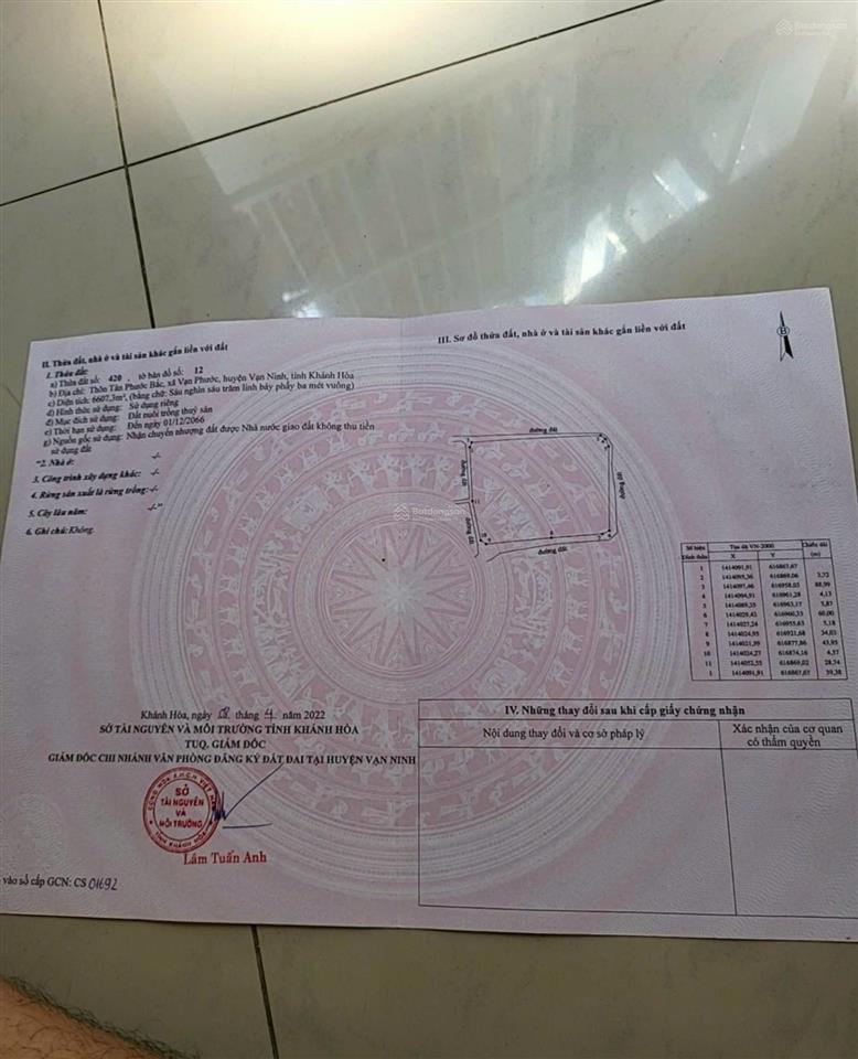 Bán đất đìa mặt tiền biển, xã tu bông, khánh hòa, 300 nghìn / m2, 6607.3m2, giá siêu hời, chính chủ