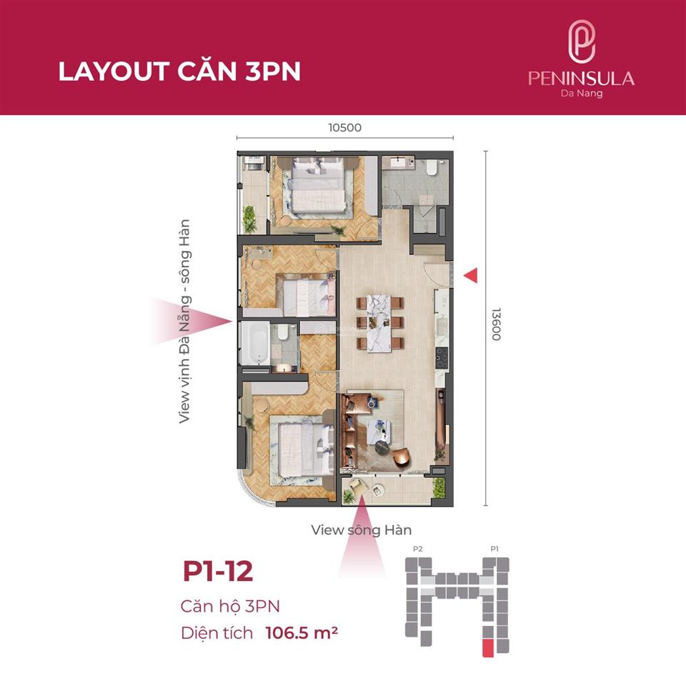 Bán căn góc tầng cao 3pn, 106.5m2 tại peninsula đà nẵng