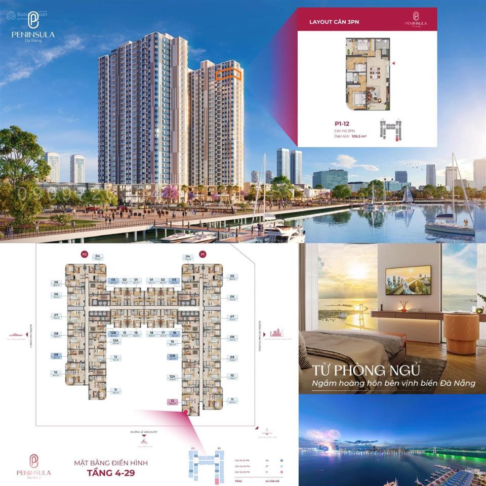 Bán căn góc tầng cao 3pn, 106.5m2 tại peninsula đà nẵng